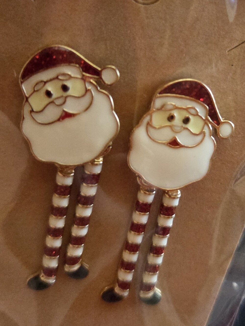 Santa Claus Enamel Earrings - Red & White Holiday Design With Dangling Legs